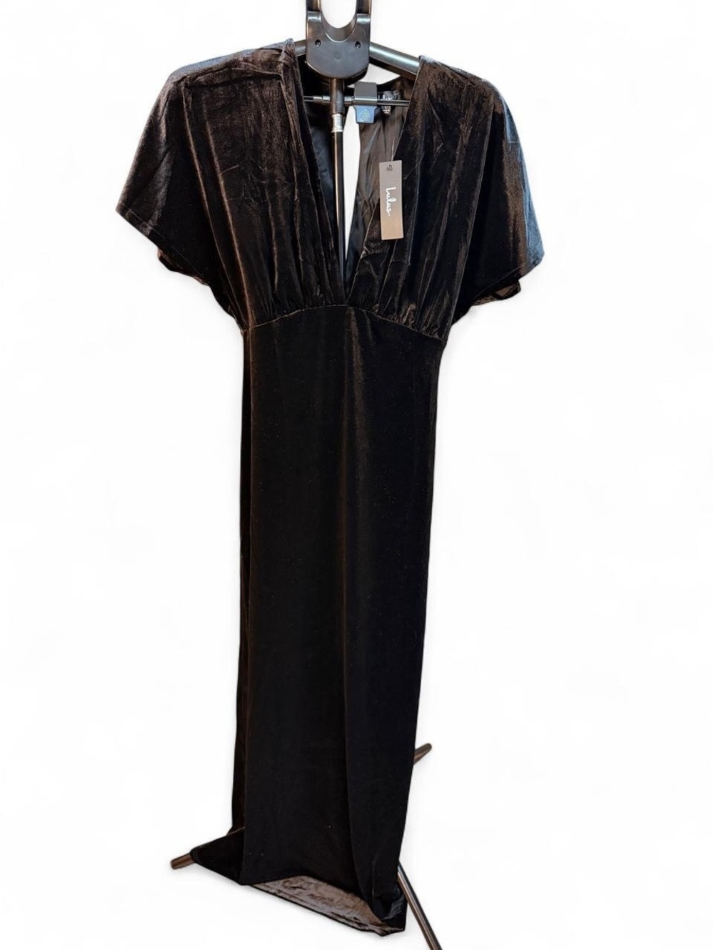 NWT Lulus Black Velvet Maxi Dress Large Plunge V Flutter Cape Sleeve Formal